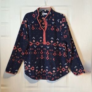 Navy blue & coral fleece Aztec, geometric design pullover, half snap Sz. XL